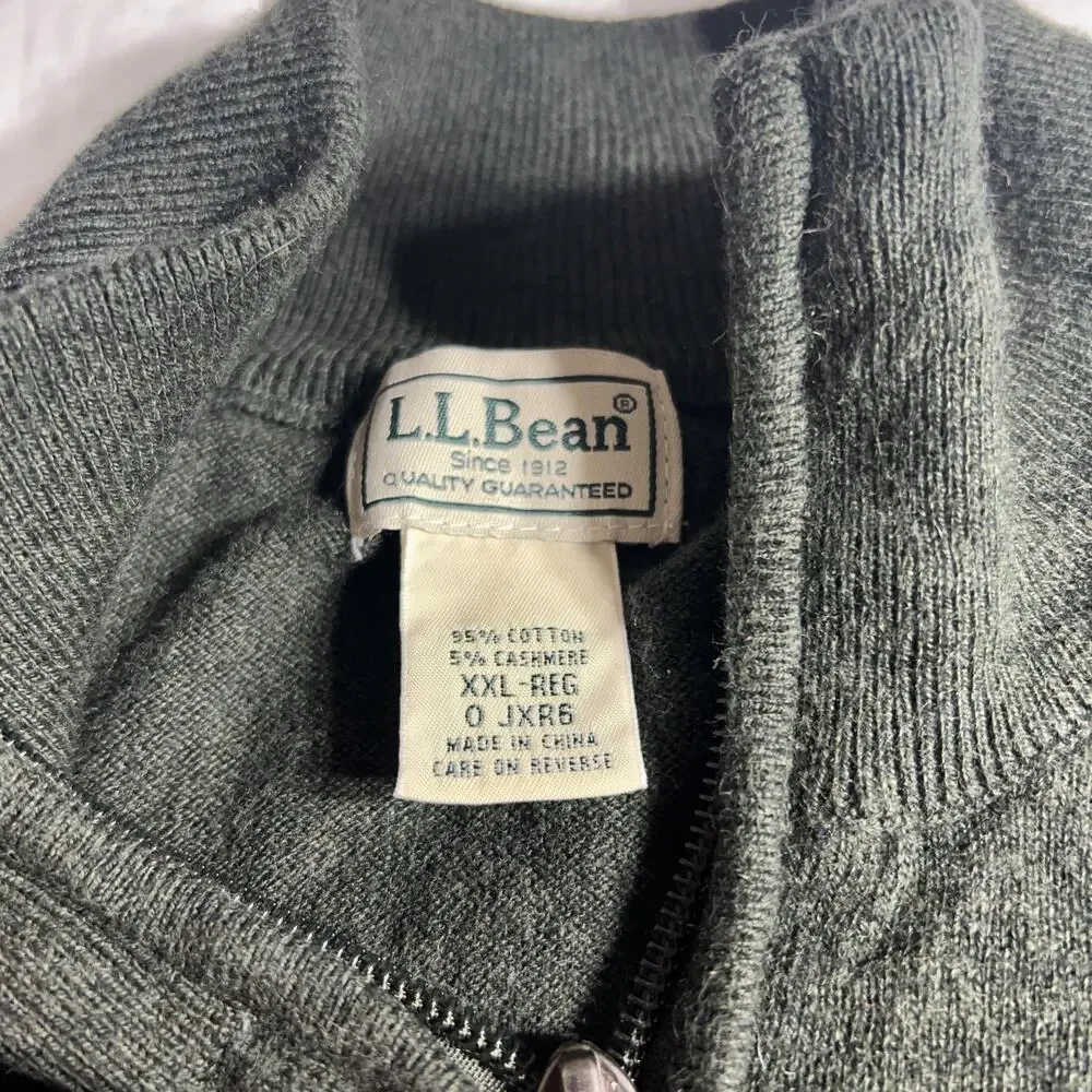 LL Bean 1/4 zip pullover men’s drk green knit sweater cotton cashmere tagged XXL